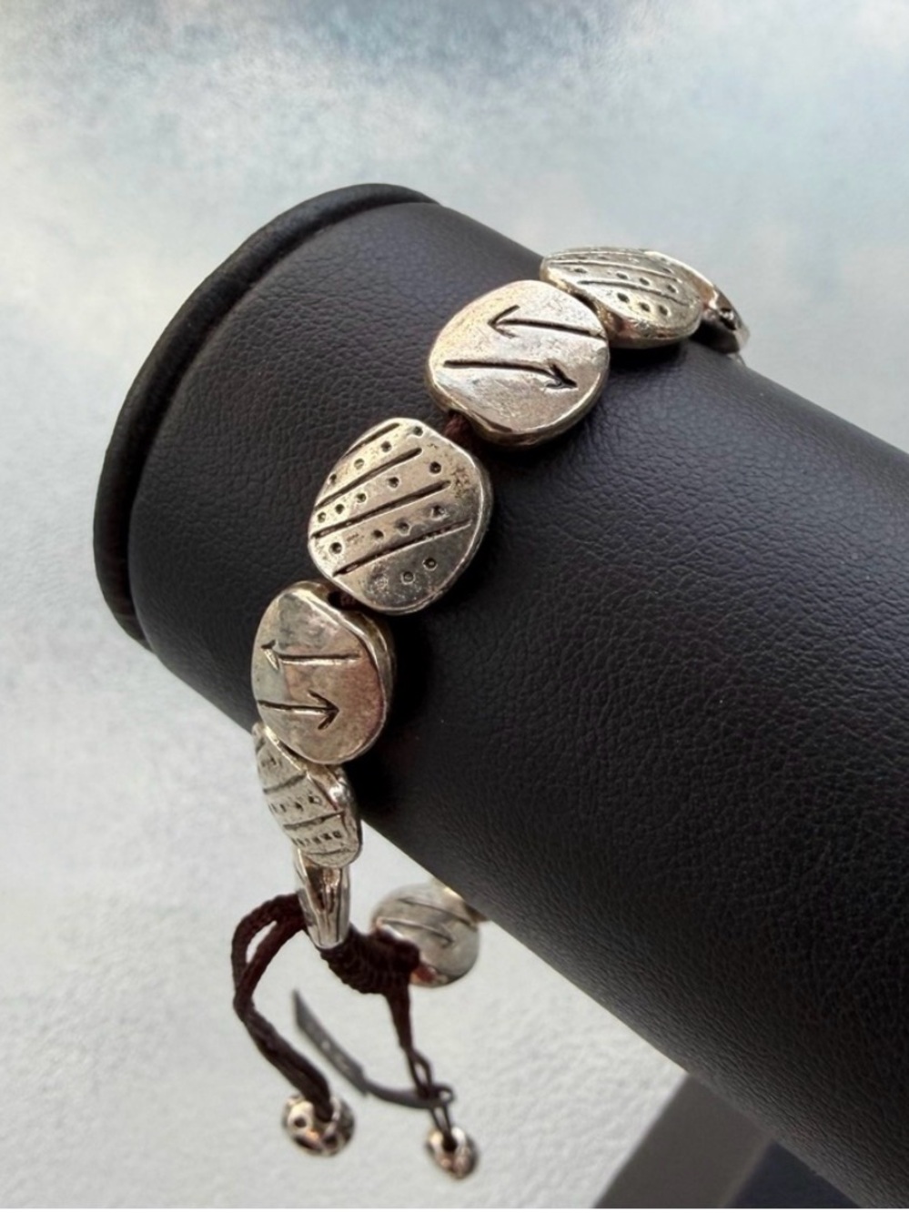 2 Chic Silver Tone Tribal Design Flat Square Bead Adjustable Bracelet